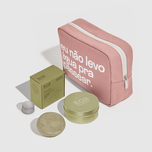 Kit com Shampoo Purificante para cabelos oleosos, latinha e nécessaire rosa