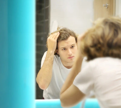 Jovem homem com cabelo longo se olhando no espelho e ajeitando os fios. Reflexão em ambiente moderno e bem iluminado.